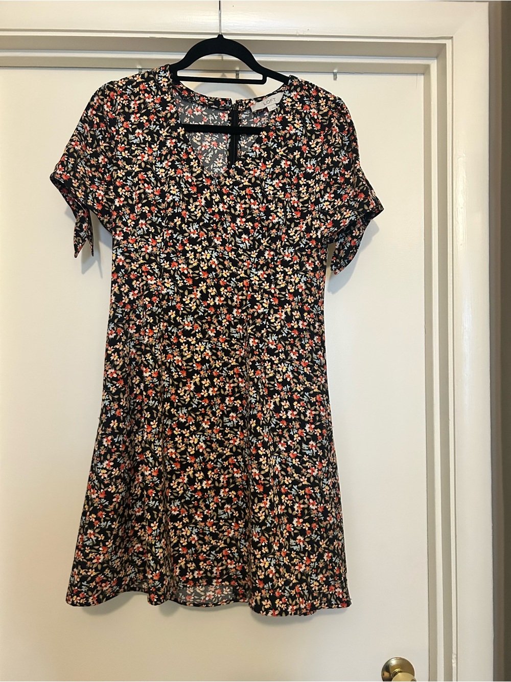 NWOT LOFT Black Floral Short-Sleeve A-Line Dress with Pink and Cream Flowers